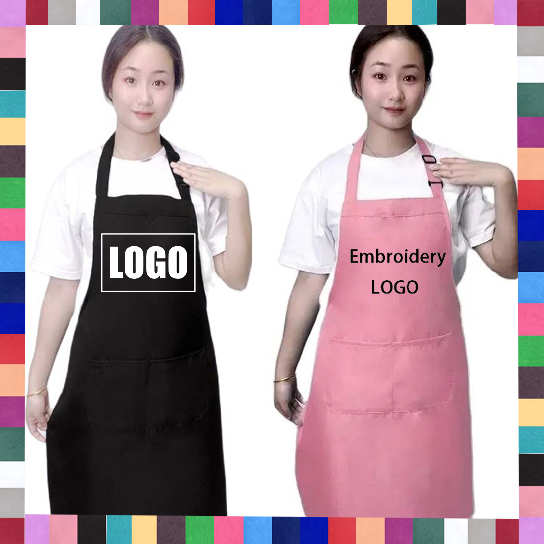 Embroidery Kitchen - 18 لون مخصص شعار مآزر للمرأة